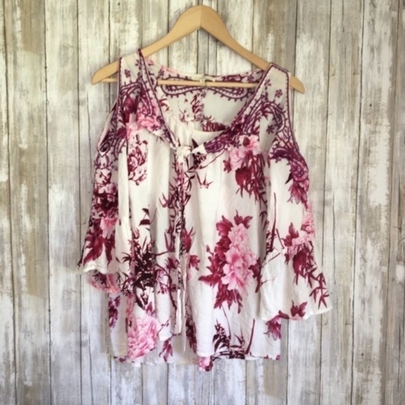 entro Tops - Entro Pink Floral Cold Shoulder Blouse